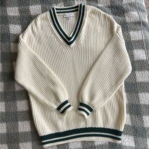 Elegant Cream V-Neck Sweater with Green Accents